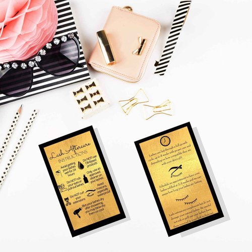 Lash Extension Aftercare Instructions Cards | 50 Pack | Double Sided Size 3.5 x 2" inches After Care (2-3 Week Fillers) | Black with Gold Look Design