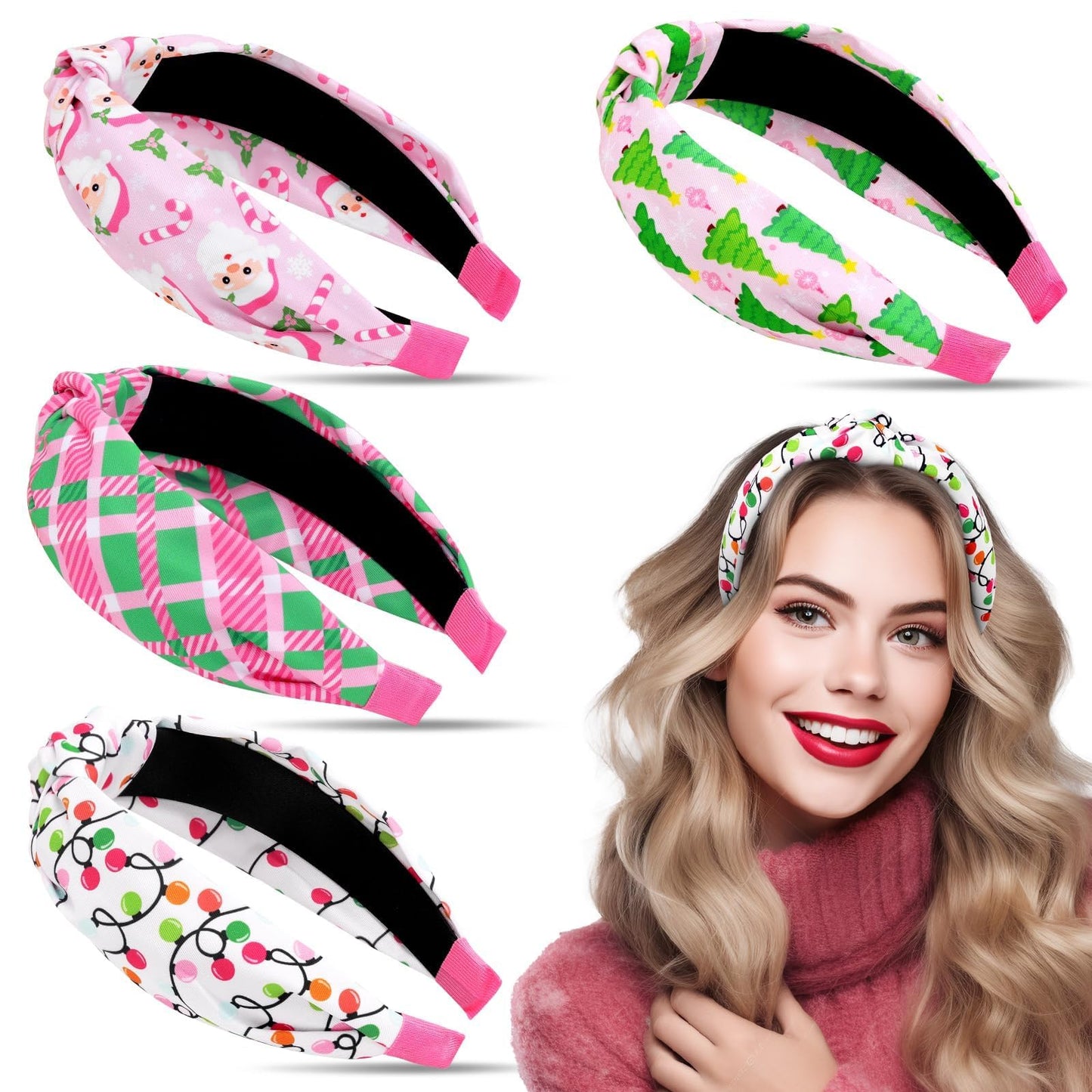 CiyvoLyeen 4PCS Pink Christmas Knotted Headbands for Women Girls Wide Headband Hair Bands Gifts for Christmas Winter Holiday Party Supplies