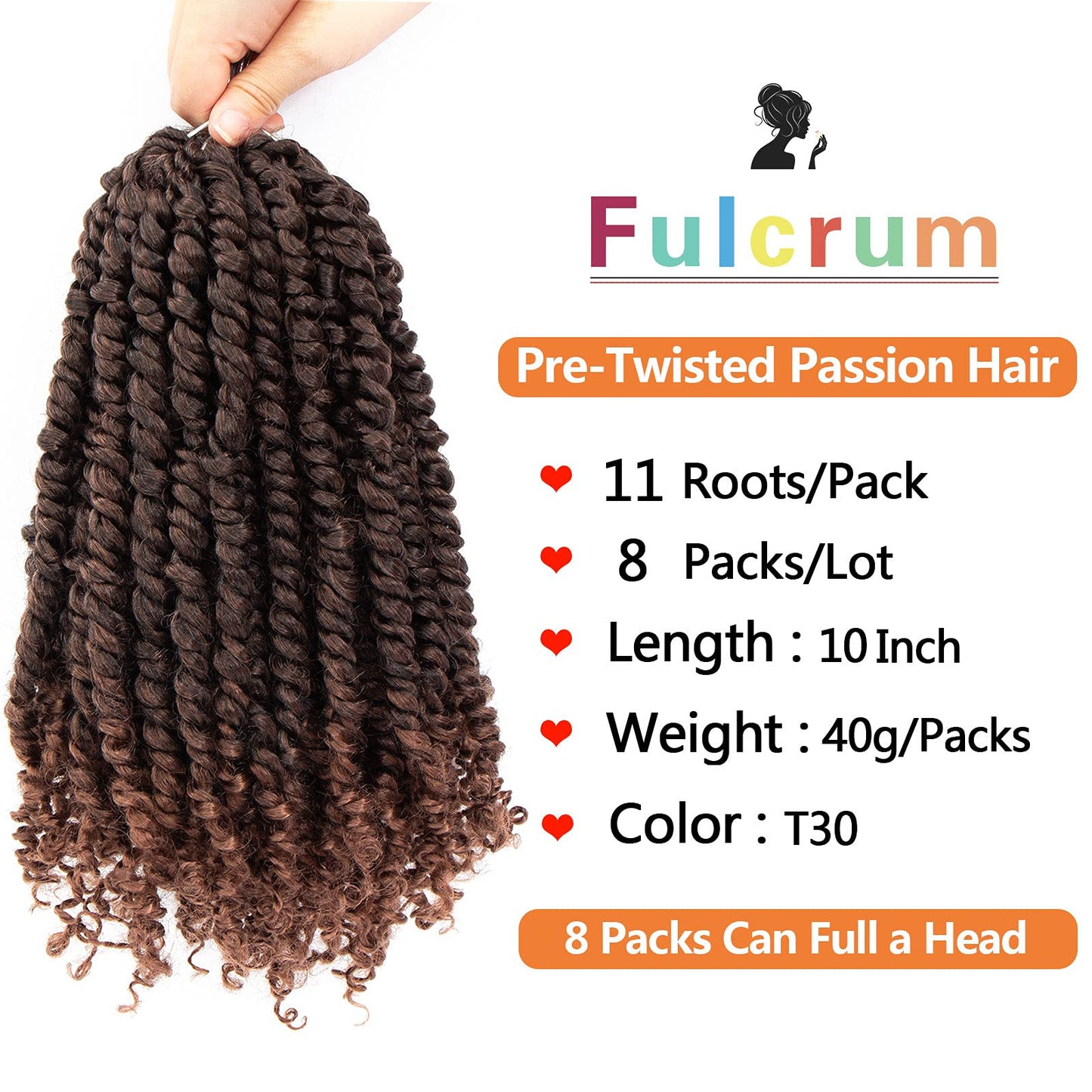 Fulcrum Passion Twist Crochet Hair 10 Inch, 8 Packs Pre Looped Passion Twist Hair, Pre-Twisted Passion Twist Crochet Hair For Black Women (10Inch (Pack of 8), T30#)