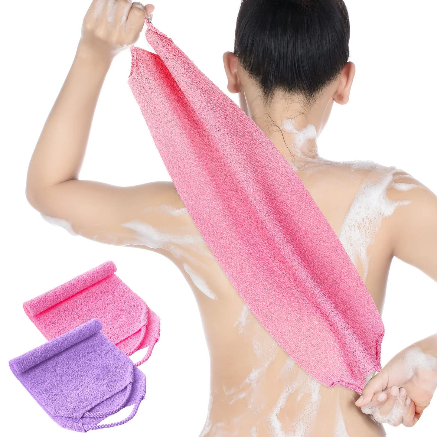 Back Scrubber for Shower Exfoliating Washcloth Back Cloth Body Extended Length Scrubber Towel Nylon Exfoliating Stretchable Pull Strap Wash Cloth for Bath Body Scrub Washcloth 2 Pack (Pink,Purple)