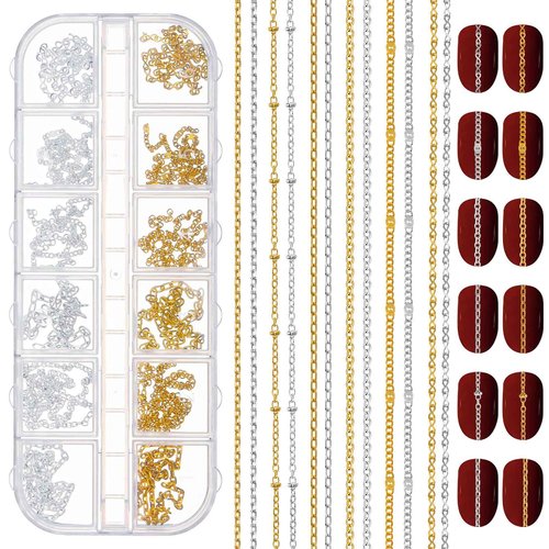 12 Strips Metal Nail Art Chains Gold & Silver Nails Decorations with Box Stainless Steel Nails Accessories Nail Jewelry Chains for Manicure Decoration & DIY（11 Inch）