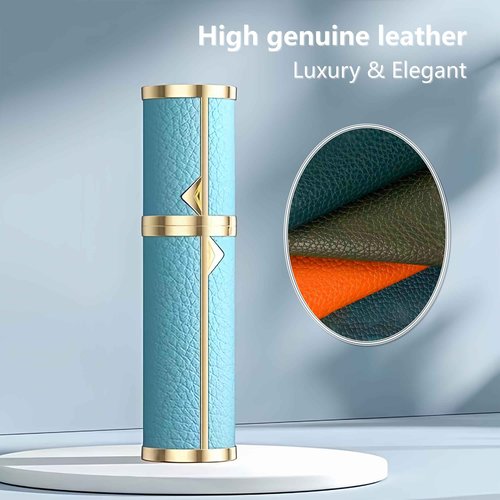 Fiwecos Perfume Travel Refillable Bottle Cologne Portable Atomizer Genuine Leather Fragrance Scent Sprayer Pump Fill from Bottom Mini Pocket Size 5ml for Travel Essentials & Best Gift (Blue)