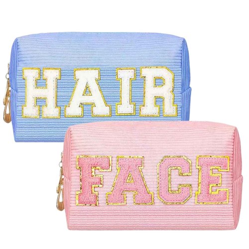 SEAMOON Pink Cosmetic Bags - 2 Pcs Corduroy Chenille Pink Letter Bag, Make Up Bag for Teens & Women, Ideal for Travel & Gifts