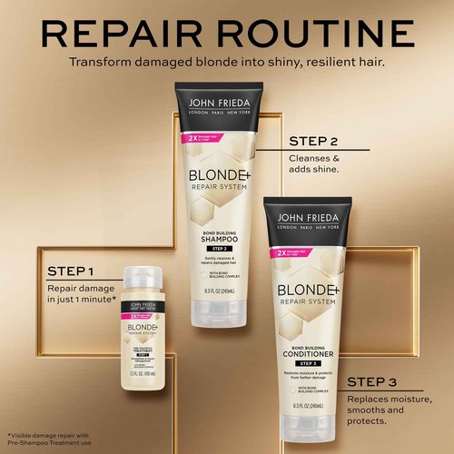 John Frieda Blonde+ Hair Repair System Bundle, Includes Full Repair System, Pre-Shampoo Treatment 3.3oz, Bond Building Shampoo 8.3oz, and Conditioner 8.3oz, Strengthens and Repairs Damaged Hair