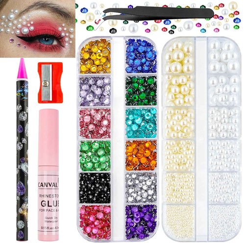 Canvalite Rhinestones for Face Colorful Face Gems Face Jewels White & Beige Half Round Pearls Eye, Hair, Nail Gems with Quick Dry Glue, Rhinestones Picker, Tweezers for Nail Art Face Makeup