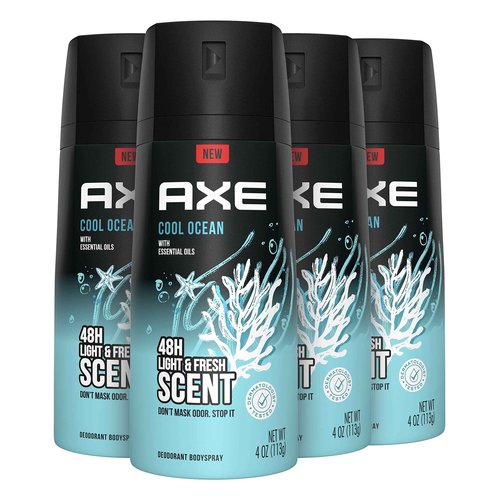 AXE Dual Action Body Spray Deodorant for Long Lasting Odor Protection Cool Ocean All Day Fresh Scent Mens Deodorant Formulated Without Aluminum, 4 Oz (Pack of 4)