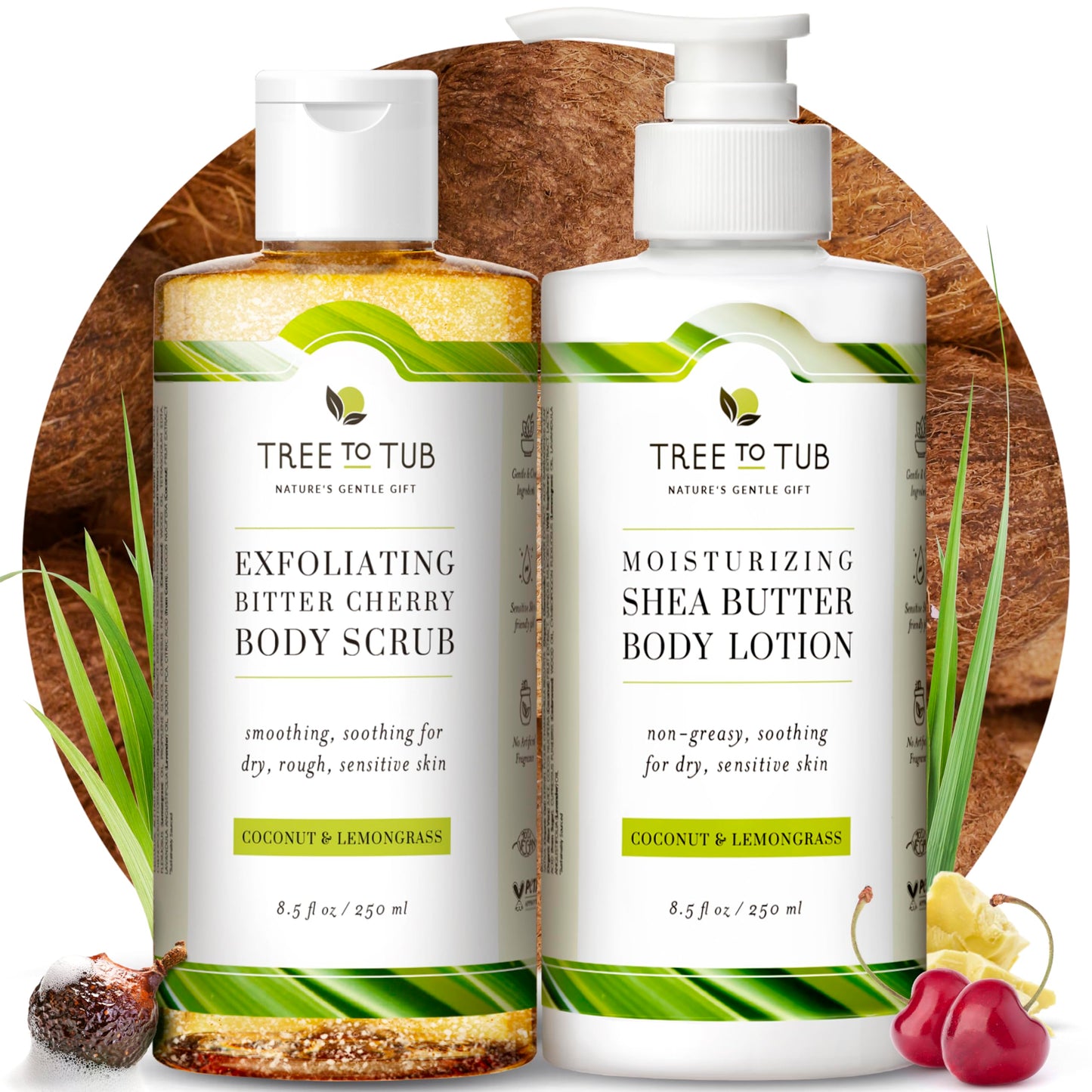 Tree To Tub Exfoliating Body Wash & Lotion Set - Gentle Body Scrub for Sensitive Skin w/Bitter Cherry + Cocoa Butter Lotion for Extremely Dry Skin w/Organic Shea Butter - Soft & Radiant Skin Set