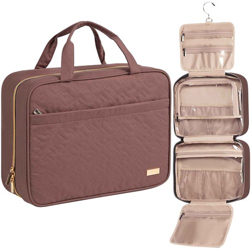 NISHEL Travel Toiletry Bag for women, Portable Hanging Organizer for Family-Sized Shampoo, Conditioner, Brushes Set, Makeup Accessories, Extra Large Size, Rosewood-Pink