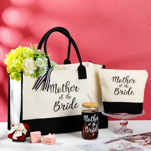 Zubebe 3 Pcs Bride Gifts for Bachelorette Party Bridal Shower Wedding Gift Set Include Glass Cup Canvas Tote Bag Makeup Bag(Mother of the Bride)