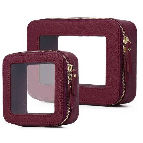 Pinkmik Clear Makeup Bag Waterproof Travel Case for Cosmetics and Toiletries Women's Purse Organizer and Clear Car Bag with Zipper (X/Burgundy, M+MINI)