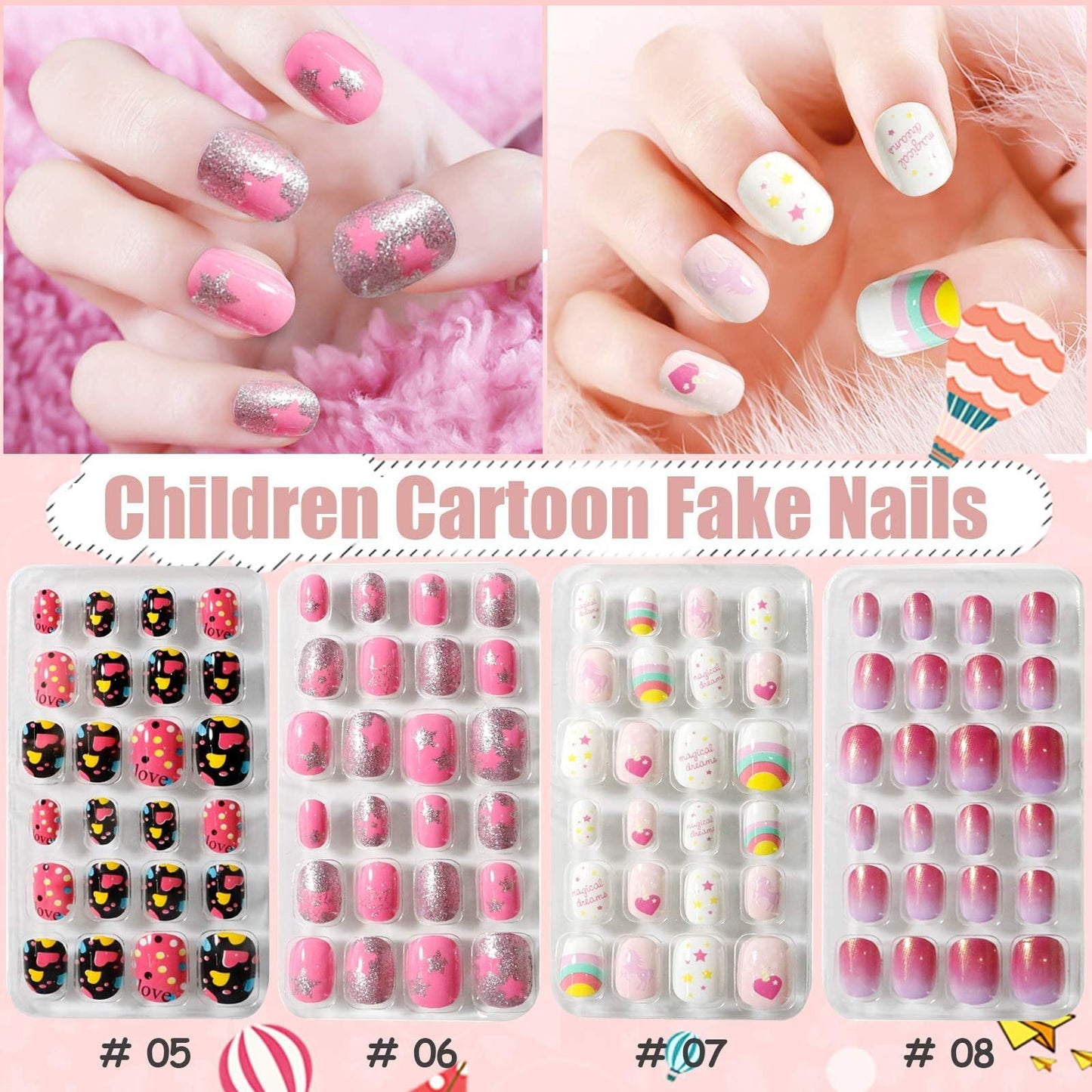 Kalolary 288PCS kids False Nail, Press on Pre-glue Full Cover Candy Pattern Short False Nail Kits with 48PCS Nail Adhesive Tabs, Valentine's Day Lovely Gift for Kids Little Girls Nail Art Decoration