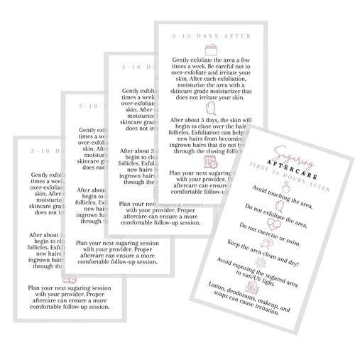 Sugaring Hair Removal Aftercare Cards | 50 Pack | 2x3.5” in Business Card | Sugaring Hair Removal Supplies | Waxing Supplies | White Card Design