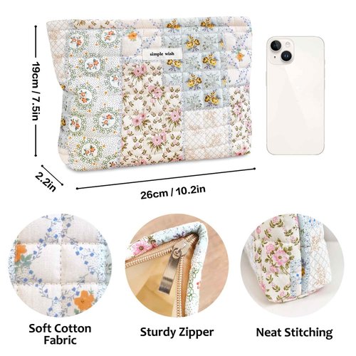 STARDW Cute Cotton Quilted Makeup Bag Cosmetic Bags for Women and Girls,Travel Toiletry Bag Floral Makeup Zipper Pouch, Purse Organizer Pouches,Canvas Lining (Cotton Floral)