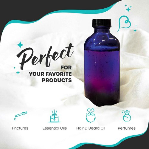 Nevlers 8 oz Glass Bottles with Lids 18 Pack | Cobalt Blue Reusable Glass Bottles with Caps, Funnel, Cleaning Brush, Marker & Labels | For Use as Mini Perfume Bottle, Small Tincture Bottle, & More