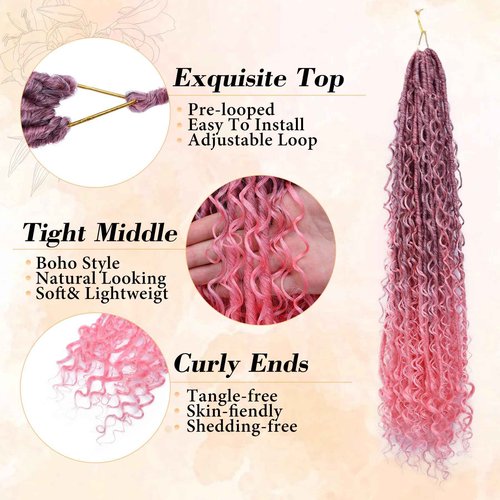 Boho Soft Locs Crochet Hair for Black Women-30inch Goddess Faux Locs Crochet Hair Ombre Pink 8 Packs Synthetic Pre-Looped with Curly Ends(8Pack,30inch,TPink)