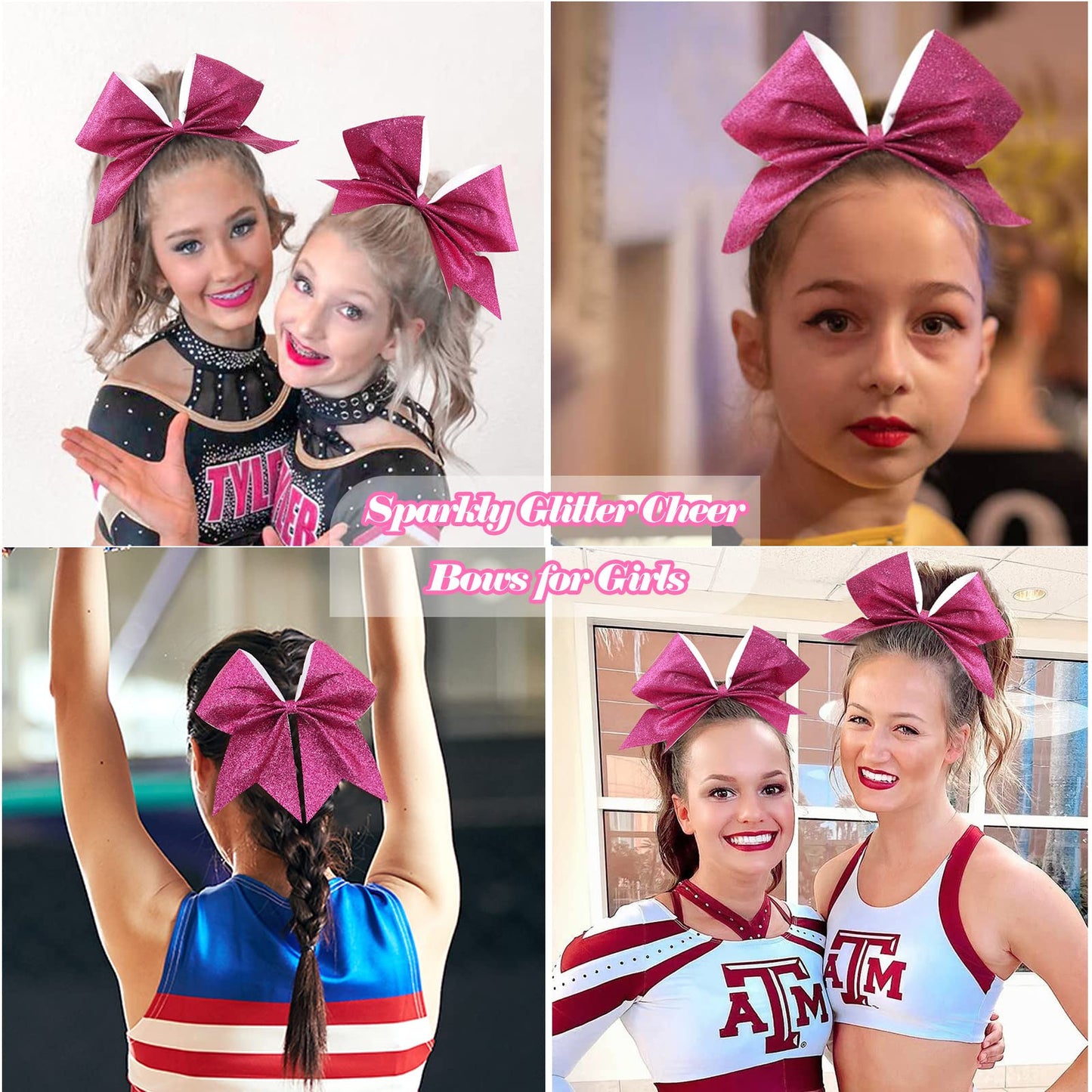 16PCS 8" Large Glitter Cheer Bows for Cheerleaders, CN Sparkly Hair Bows with Elastic Hair Ties Accessories for Teens Girls Women Cheerleading Softball Competition Sports (Hot Pink)