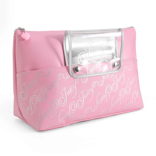 Juicy Couture Pink Makeup Bag Cosmetics Organizer Travel Essentials Removable Brush Holder Retro Style Faux Leather