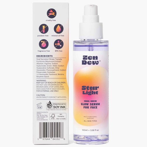 Zen Dew Star Light Korean Snail Mucin Serum (3.38 oz) Brightening & Hydrating K Beauty Face Serum for Glass Skin Glow – Smoothing Korean Skin Care