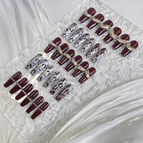 30PCS Handmade Press-On Nails – Long Coffin Dark Brown Leopard with Gold Accents – No Size Measuring Needed – Luxury Gift Set with Glue, Tools & Acrylic Box – Reusable Nail Kit for Women