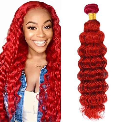 Red Deep Wave Human Hair Bundles 34 Inch Deep Single Bundle Light Red Color Human Hair Unprocessed Native Virgin Hair 100g Total Double Weft Crochet Human Hair Extensions for Women