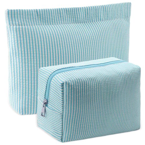 URSKYTOUS 2Pcs Makeup Bag Set for Women Large Small Striped Makeup Bags Cute Travel Toiletry Bags with Zipper Blue Cosmetic Bag Aesthetic Cosmetic Purse Pouch Skincare Brushes Storage Organizer