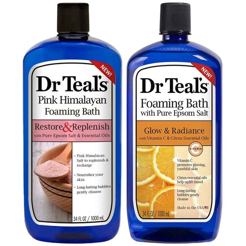 Dr. Teal's Pure Epsom Salt Foaming Bath Gift Set (2 Pack, 34 oz ea.) - Restore & Replenish Pink Himalayan and Glow & Radiance with Vitamin C & Citrus Essential Oils - Long Lasting Bubbles Nourish Skin