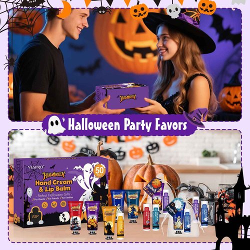 50 Pack Halloween Hand Cream and Lip Balm Set, Bulk Halloween Gifts with Halloween Cards and Organza Bag, Halloween Decorations and Halloween Party Favors Goodies for Women