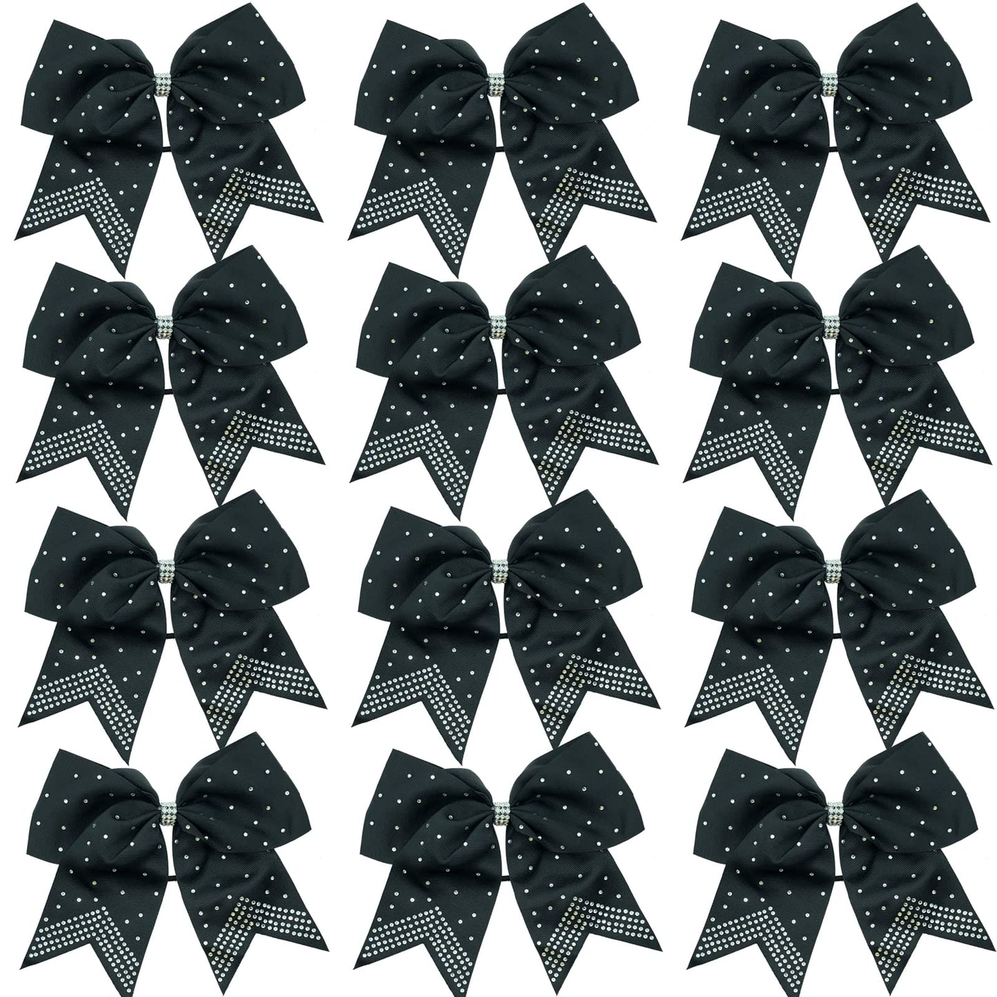 Hipcheer 12PCS 8" Rhinestones Large Cheer Hair Bows for Girls, Hand-made Grosgrain Ribbon Hair Accessories for Teen Girls Softball Cheerleader Sport (Black)