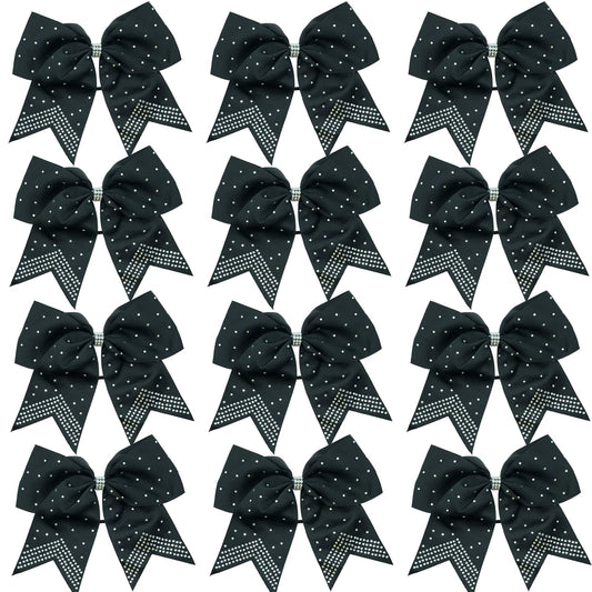 Hipcheer 12PCS 8" Rhinestones Large Cheer Hair Bows for Girls, Hand-made Grosgrain Ribbon Hair Accessories for Teen Girls Softball Cheerleader Sport (Black)