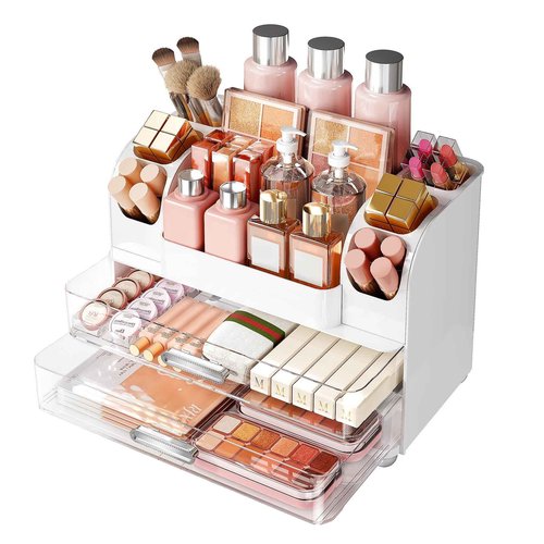 Makeup Organizer, Large Vanity Organizer with Brush Holder and 2 Drawers, Clear Cosmetic Storage Box for Bathroom Countertop, Toiletry and Skincare Storage for Lipsticks, Lotion, and perfume, White
