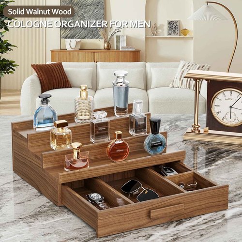 Hrbjunuo Walnut Wood Cologne Organizer for Men 3 Tier Cologne Stand,Cologne Display Shelf with Drawer Storage,Perfume Stand Organizer Perfume Display Holder Great Gift for Men Father Christmas