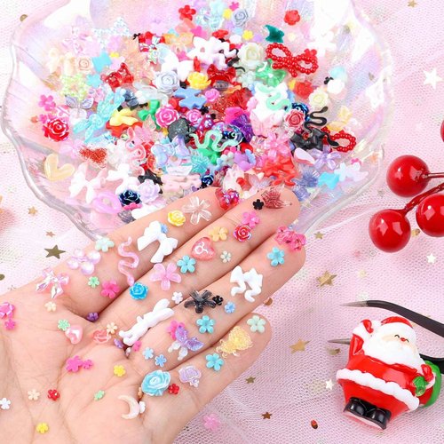 Sinyanail 300 Pieces 3D Mix Assorted Resin Nail Charms Hollow Pearl Heart Nail Art Charms Gems Gummy Bear Star Heart Flowers Acrylic Beads