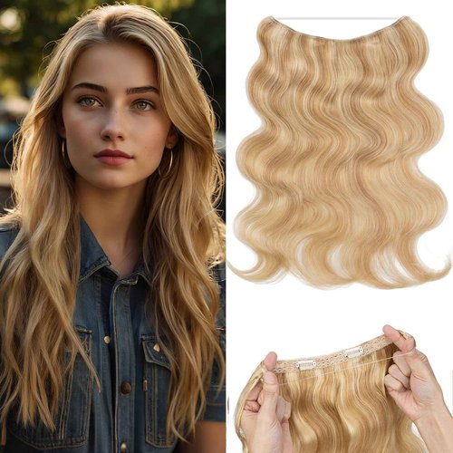 Rich Choices Halo Hair Extensions Real Human Hair Wave Wire In Hair Extensions Human Hair One Piece Clip in Human Remy Hair Halo Hair Extension 12 Inch #18P613 Ash Blonde Mixed Bleach Blonde