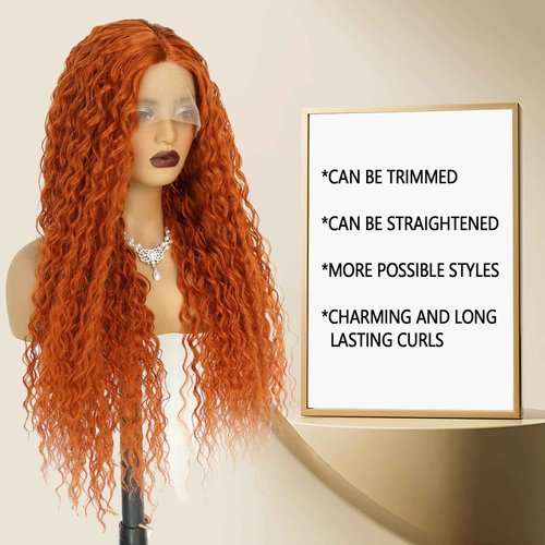Phyoung 32 inch Ginger Long Curly Lace Front Wigs for Black Women Glueless Curly Synthetic Wigs Orange Ginger Synthetic Wigs Long Ginger Wig Middle Part Wigs Loose Curly Wig