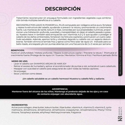 Kashia Beauty Reconstructor Leave-In Powerfull Plus 10.1 oz – Plant-Based Collagen Hair Treatment – Anti-Frizz UV Protection – Deep Hydration with Shea Kokum & Illipe Butters