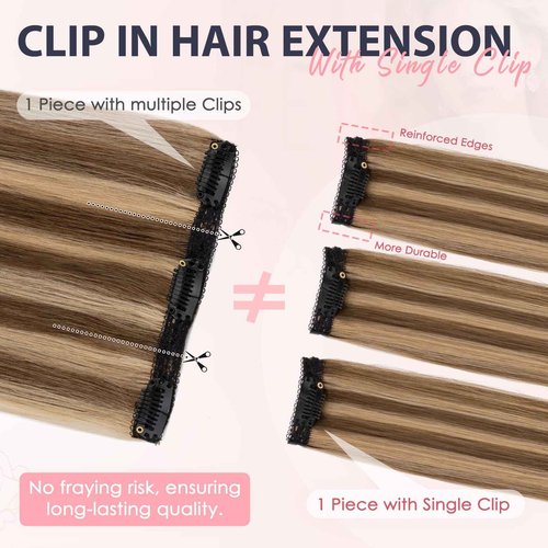 TESS Clip in Hair Extensions Human Hair with Single Clip Lace Weft Straight Highlight Add Volume 6 Pcs 6 Clips, 14 Inch, Chocolate Brown Mixed Light Brown