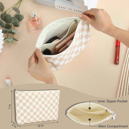 Fammart Checkered Makeup Bag, Travel Cosmetic Bag Organizer Toiletry Bag Make Up Bags with Zipper & Compartments for Women Girls