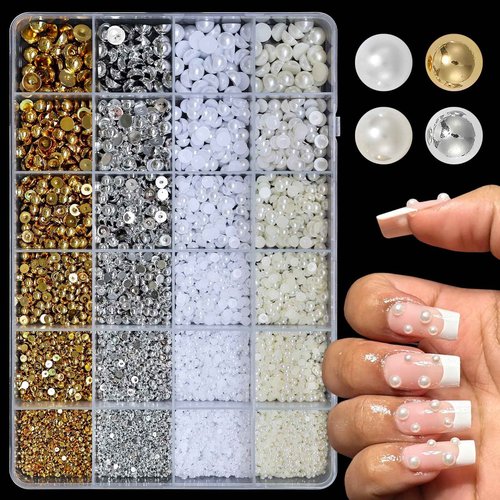 Lifextol 10000pc Gold & Silver Nail Charms and Gems Set: Round Resin Nail Art Rhinestones, Small, Medium, Large Sizes, Flatback, Y2K, DIY & Salon Use