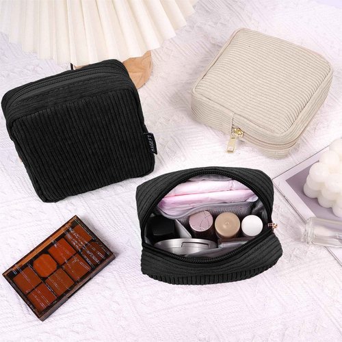 MAGEFY Small Makeup Bag for Purse Mini Cosmetics Bag Corduroy Cute Cosmetic Pouch for Women with Slip-in Pockets-Black