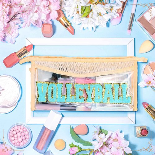 SilTriangle 6 Pcs Volleyball Makeup Bag for Women Christmas Straw Initial Letter Personalized Cosmetic Bag Cute Chenille Makeup with Zipper Travel Toiletry Gift for Women Girls Birthday Friend