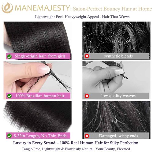 ManeMajesty 12A Straight Human Hair Bundles 3 Pcs 8 10 12 Inch 100% Human Hair Extension Unprocessed Brazilian Virgin Human Hair Quick Weave Straight Bundles Human Hair Natural Color for Black Women