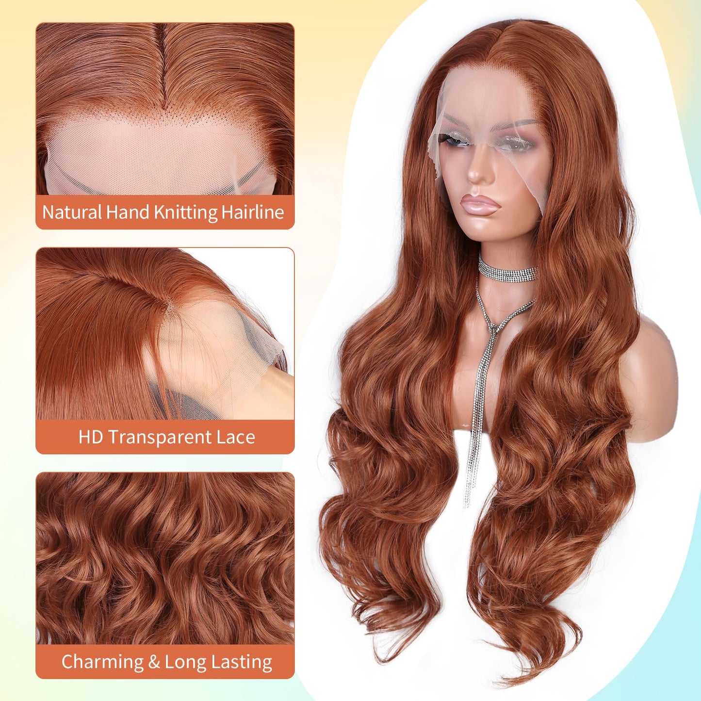 FAVE 28 Inches Lace Front Wig 200% Density Heat Resistant Synthetic Lace Front Wig Long Wavy Free Part Auburn Wig Glueless Lace Front Wigs for Women Lace Wig for Party Daily Use (Auburn)