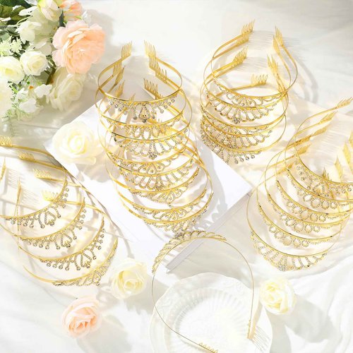 Yuefunny 24 Pcs Crystal Tiara Headbands for Women Princess Headband Crown with Combs Tiaras and Crowns for Pageant Bridal Wedding Prom Party Gifts(Stylish,Gold)
