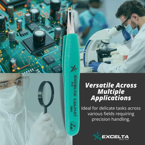 Excelta Ergo-Tweeze 3-SA-PI-ET Precision Tweezers, Straight Very Fine Tip, ESD Safe TealShield Grips, Anti-Magnetic 316L Neverust Stainless Steel, 5.25" OAL for Electronics, Lab, Cleanroom, Forensics