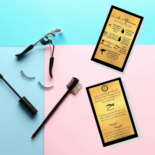 Lash Extension Aftercare Instructions Cards | 50 Pack | Double Sided Size 3.5 x 2" inches After Care (2-3 Week Fillers) | Black with Gold Look Design