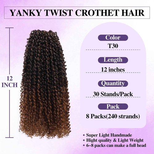 Yanky Twist Crochet Hair for black women 12 Inch 8 Packs 30 Stands/Pc,Pre-looped Fluffy Spring Mini Twist Passion Twist Ombre Brown Synthetic Crochet Braids Braiding Hair(12 Inch, T30-8P)