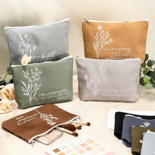 Huhumy 10 Pcs Christian Gifts for Women Bulk Religious Cosmetic Bags Inspirational Bible Verse Pencil Pouch Canvas Makeup Bags for Christmas Goodie Bag Church Favors(Morandi,Bible)