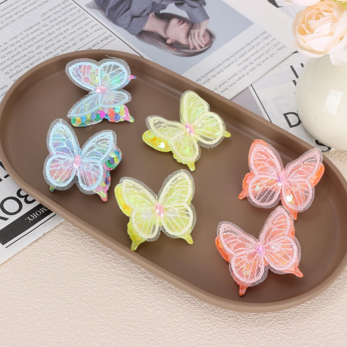 Butterfly Hair Clips 1.7 inch 6 PCS Lace Hair Embroidery Butterfly Hair Pins Hair Accessories for Halloween Cosplaying Women Girls Teens Hawaii Hair Clips.Yellow&Orange&Blue