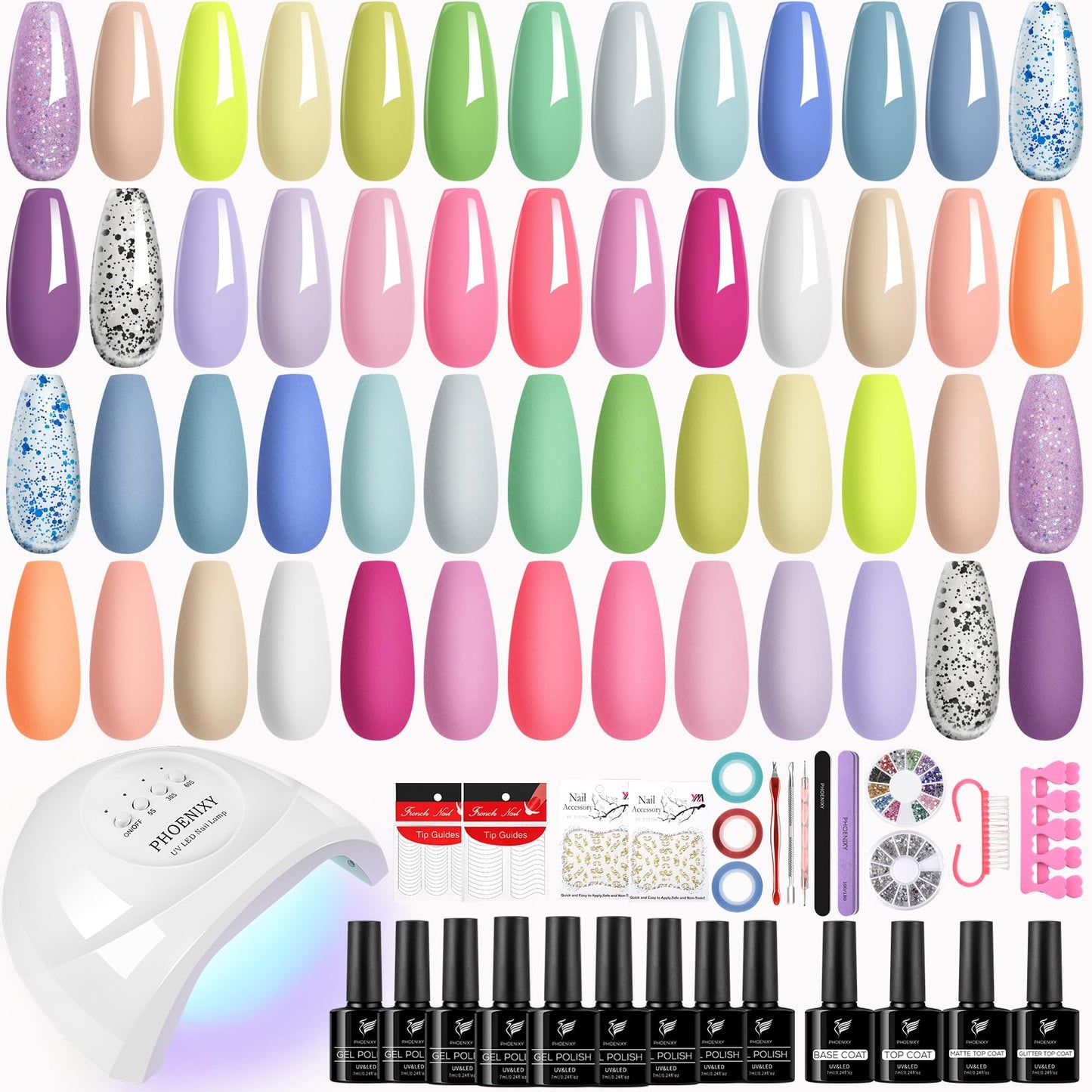 Phoenixy 47 PCS Gel Nail Polish Kit with U V Light, 26 Colors Gel Nail Polish Set with 48W U V LED Nail Lamp Manicure Starter Gel Nail Kit Base Top Coat DIY Nail Art Salon Home Gifts for Women SS9027