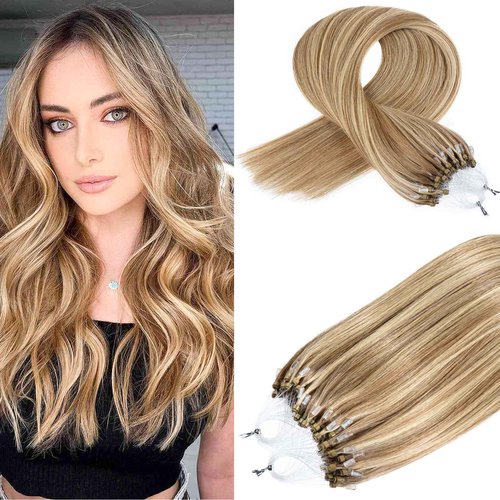 Kpvxxve Micro Ring Hair Extensions Human Hair Micro Loop Human Hair Extensions 1g/Strand 50g Natural Hair Micro Bead Hair Extension (#8/613 Ash Brown Mix Bleach Blonde, 16inch)